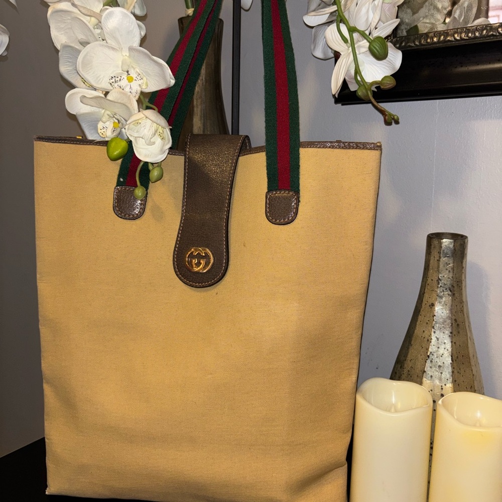 Vintage-Gucci Golden Sherry-Line Canvas Tote. - Picture 1 of 10